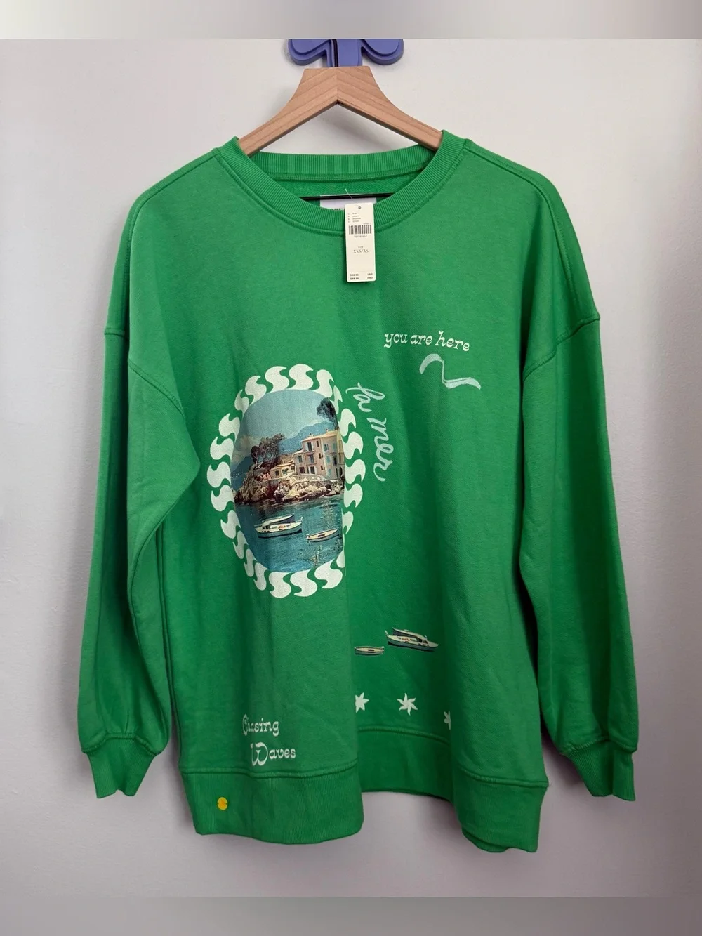 Anthropologie Celandine XXS/XS NEW Crew-Neck Graphic Sweatshirt Green Oversized